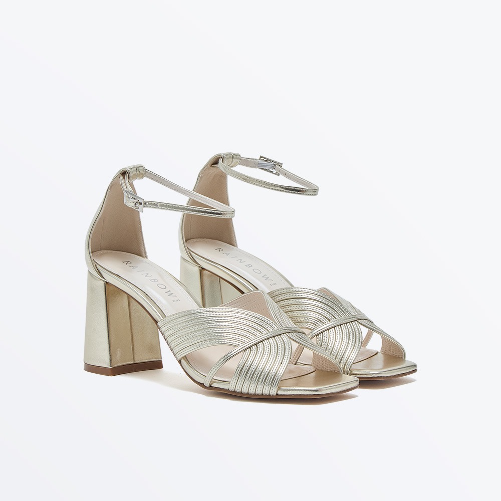 Adina - Wide Fit Champagne Ankle Strap Block Heel Sandal - Front
