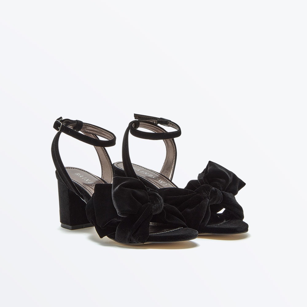 Arabella Black Velvet Block Heel Mid Sandal - Front