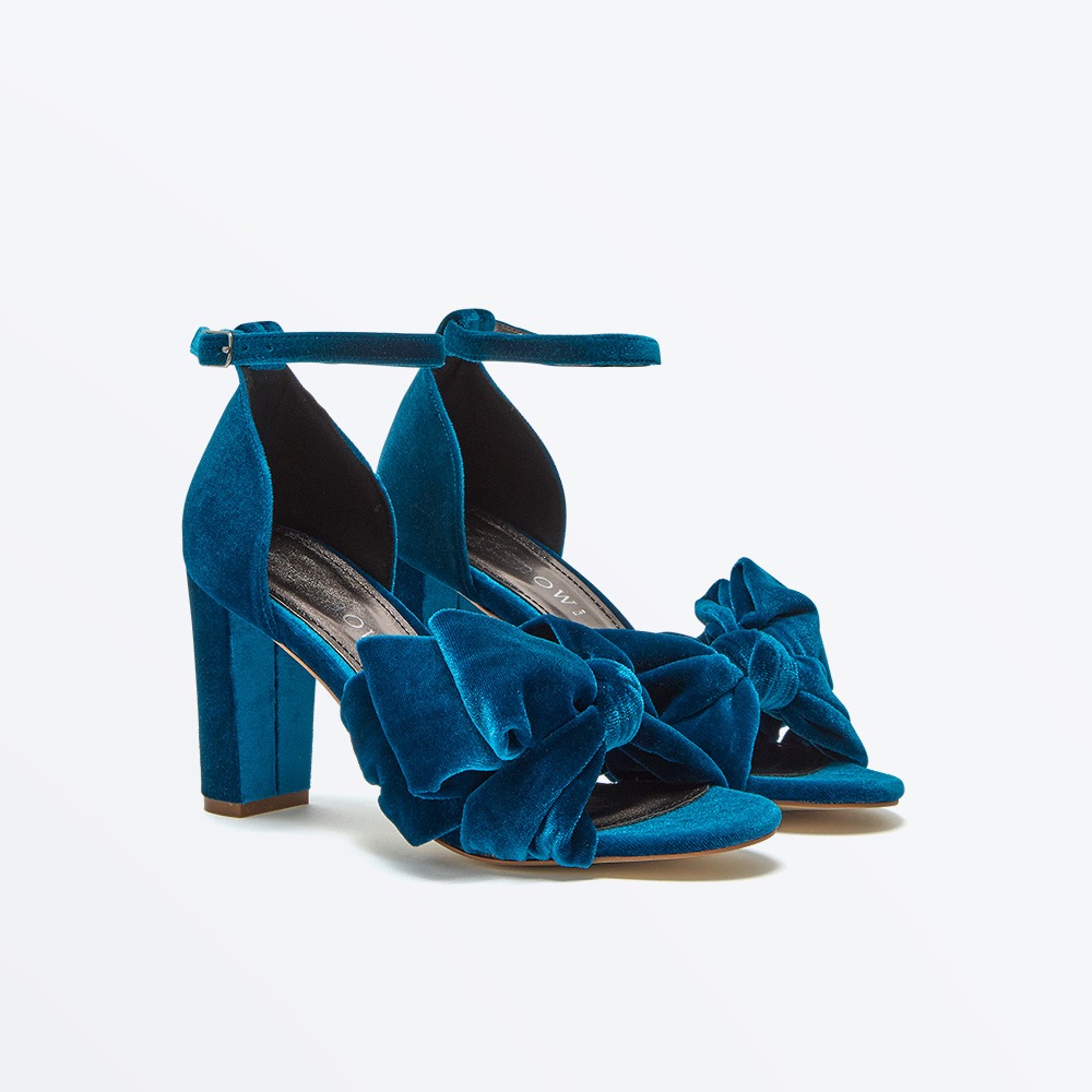 Arabella Teal Velvet Block Heel Sandal - Front
