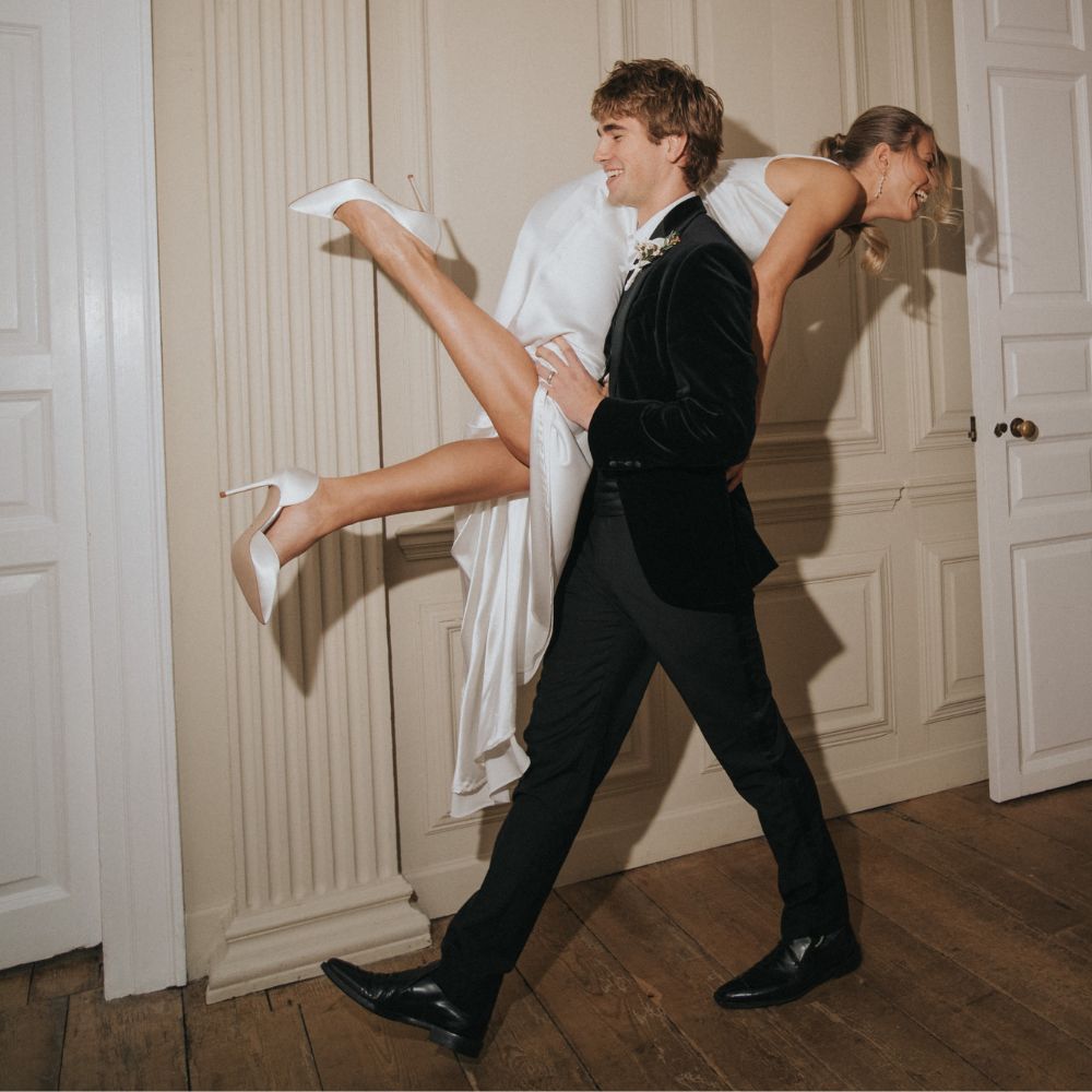 Camila - Ivory Satin Stiletto Heel Wedding Court Shoes - Being Worn