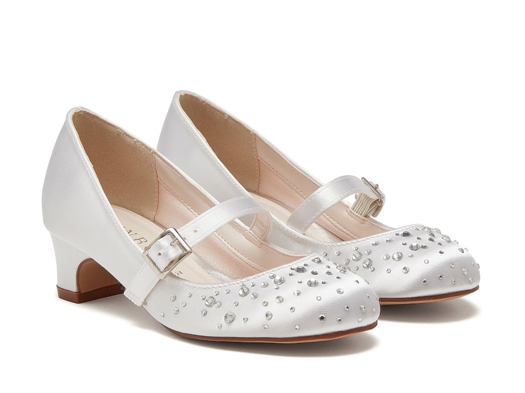 Cherry - White Satin Sparkly Kids Communion Shoes - Front