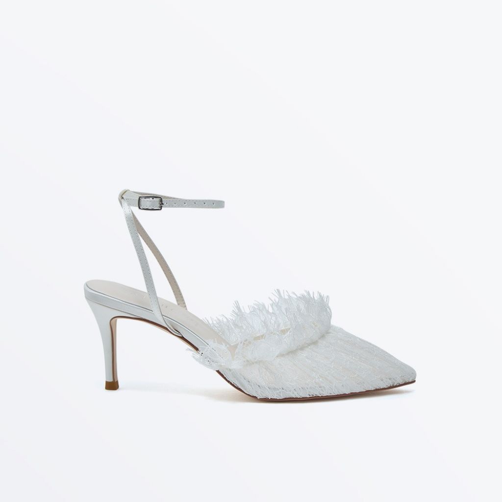 Adelina - Ivory Satin & Lace Ankle Strap Bridal Shoes - Side
