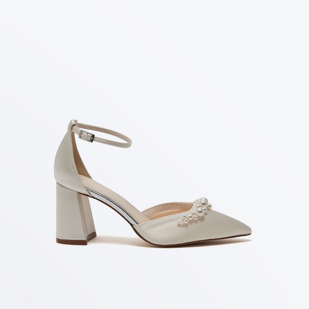 Aurelia - Pearl Detail Ankle Strap Block Heel Wedding Shoes - Side View