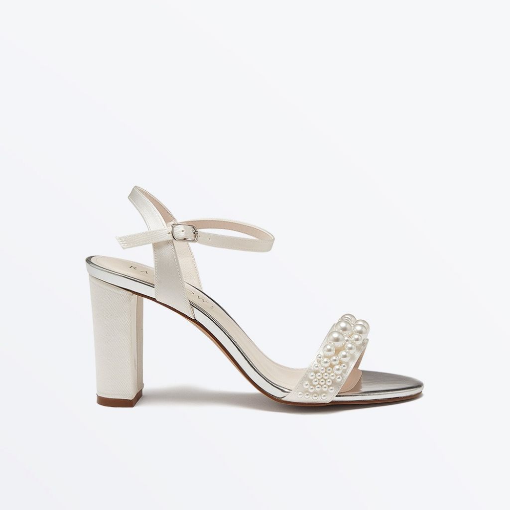 Clara - Ivory Satin Block Heel Pearl Bridal Sandals - Side