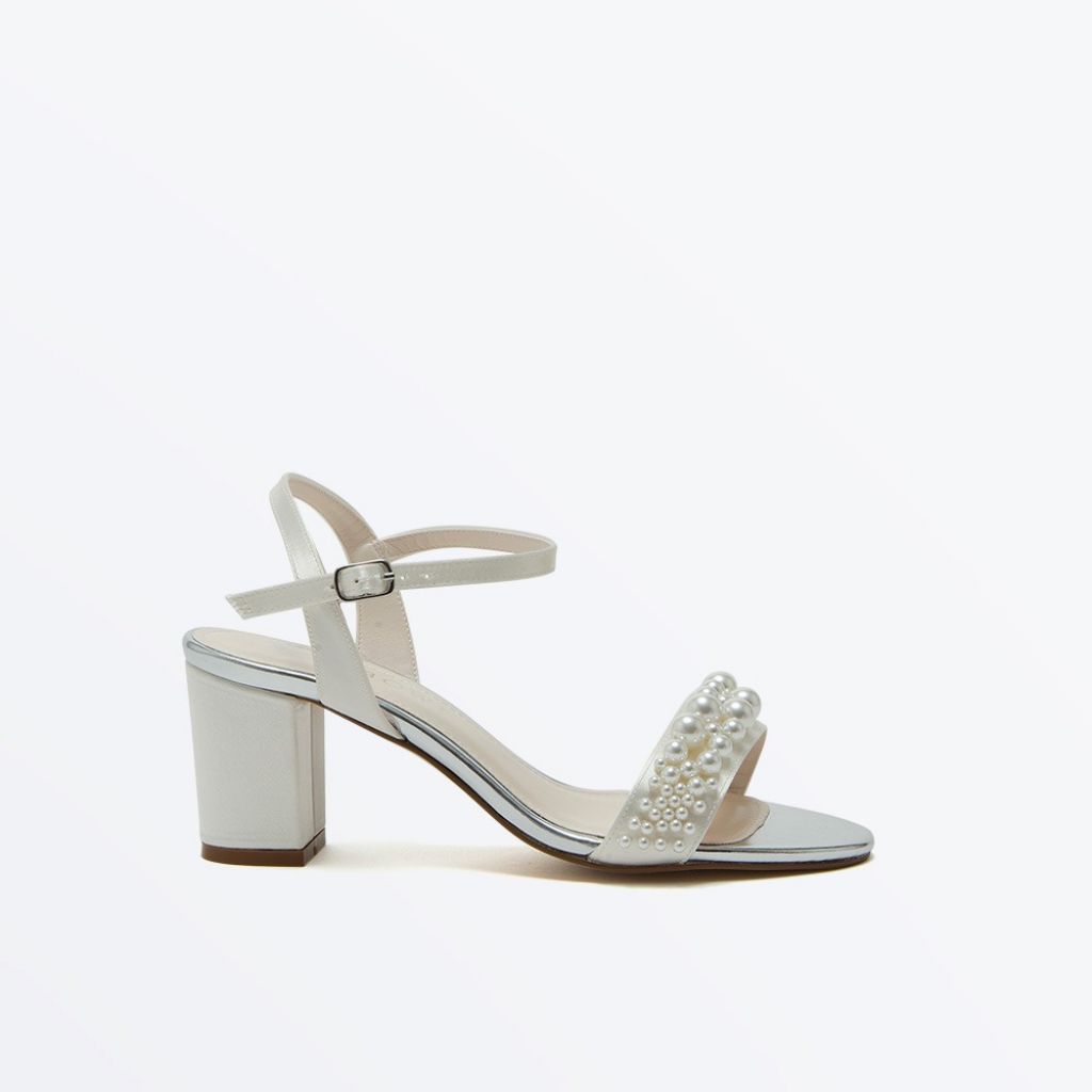 Clara Mid - Ivory Satin Pearl Detail Block Heel Wedding Sandal - Side