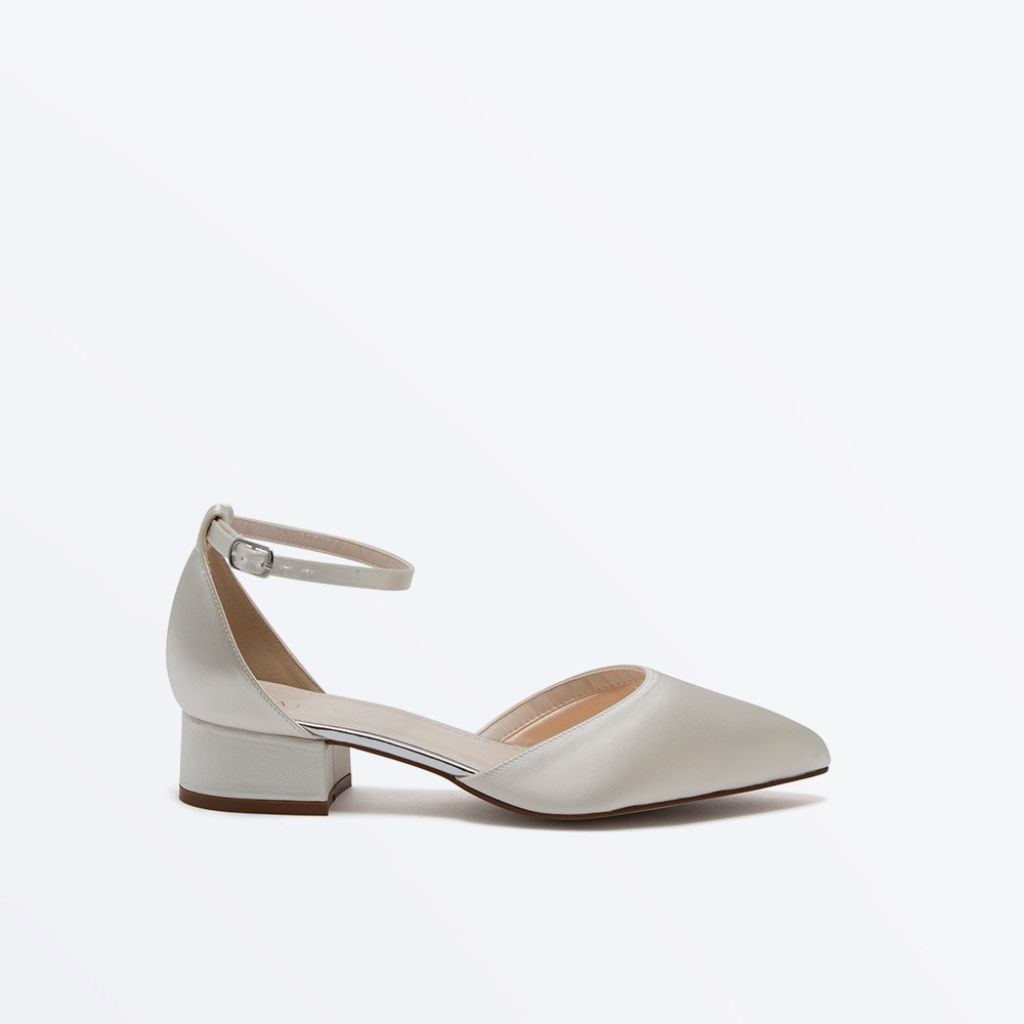 Kacy II - Ivory Satin Low Block Heel Ankle Strap Wedding Shoes - Side View