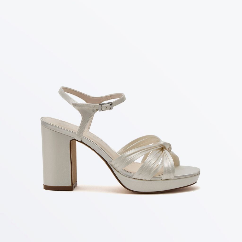 Marissa - Ivory Satin High Block Heel Platform Wedding Sandals - Side View