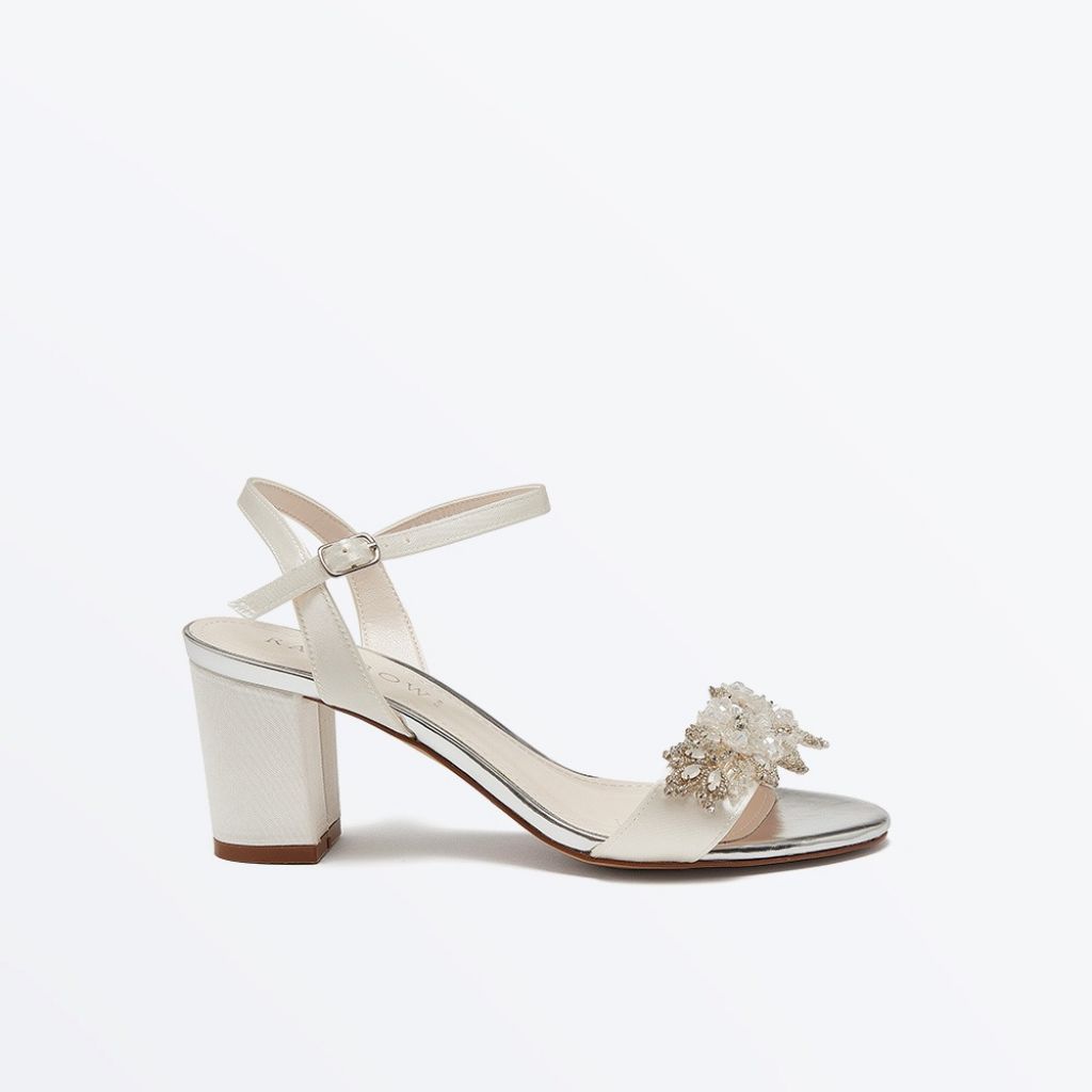 Mia - Ivory Petal Embellished Block Heel Wedding Sandals - Side
