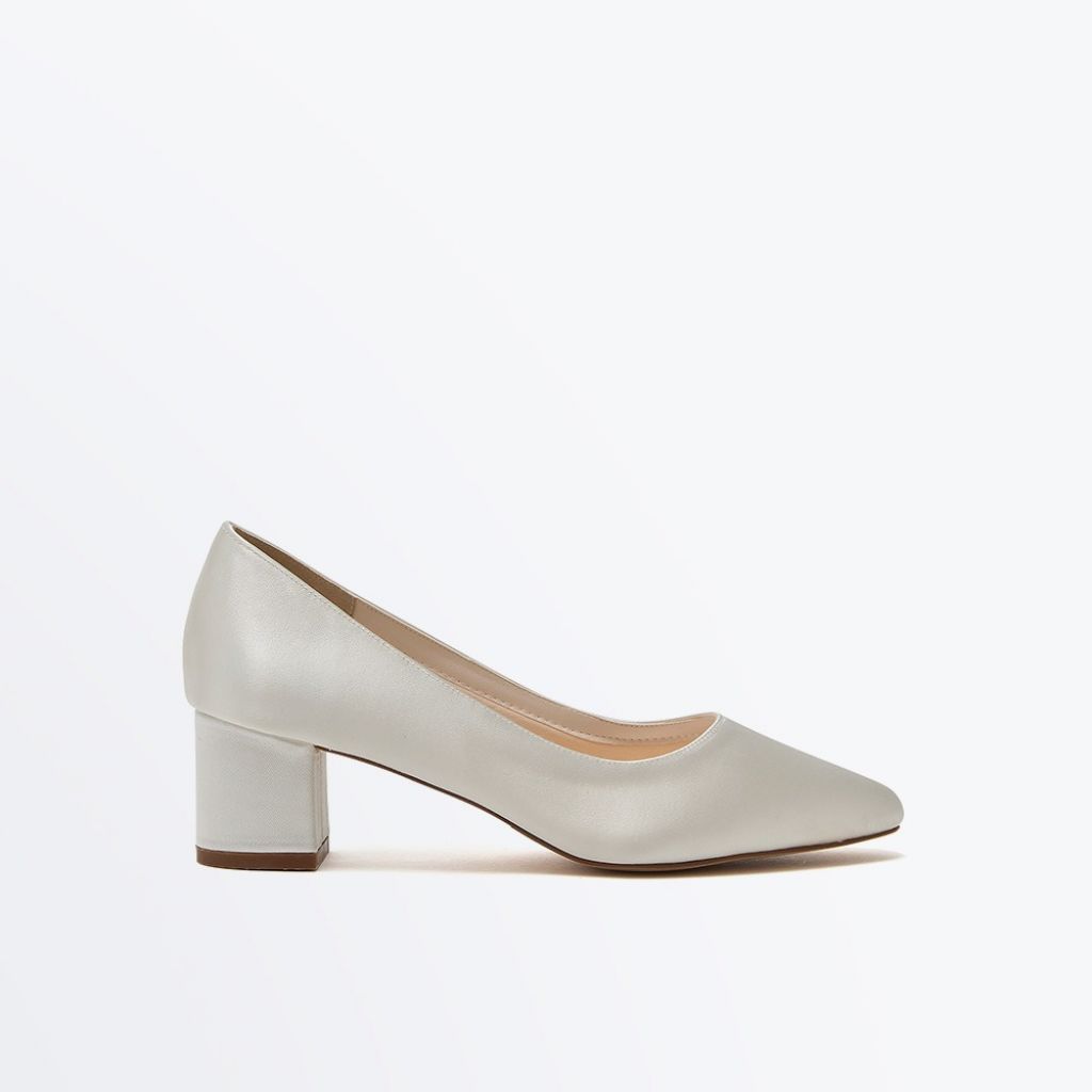 Paisly - Ivory Satin Block Heel Wedding Court Shoes - Side View