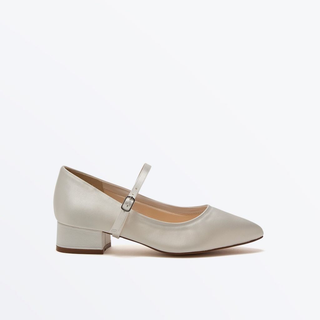 Ruby -  Ivory Satin Low Heel Wide Fit Wedding Court Shoes - Side View