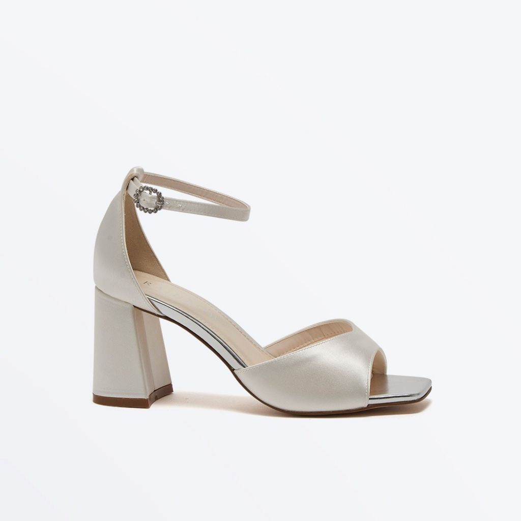 Solange - Ivory Satin Block Heel Wedding Sandals - Side View