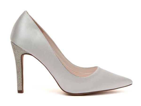 Kiki - Ivory Satin & Silver Fine Shimmer High Heel Shoes - Side