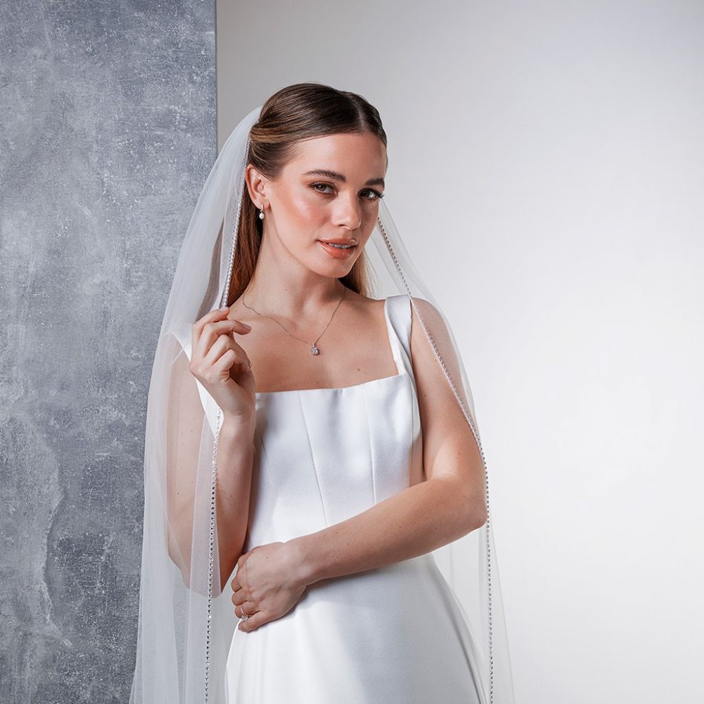 Flame - Diamante Edging Long Bridal Veil