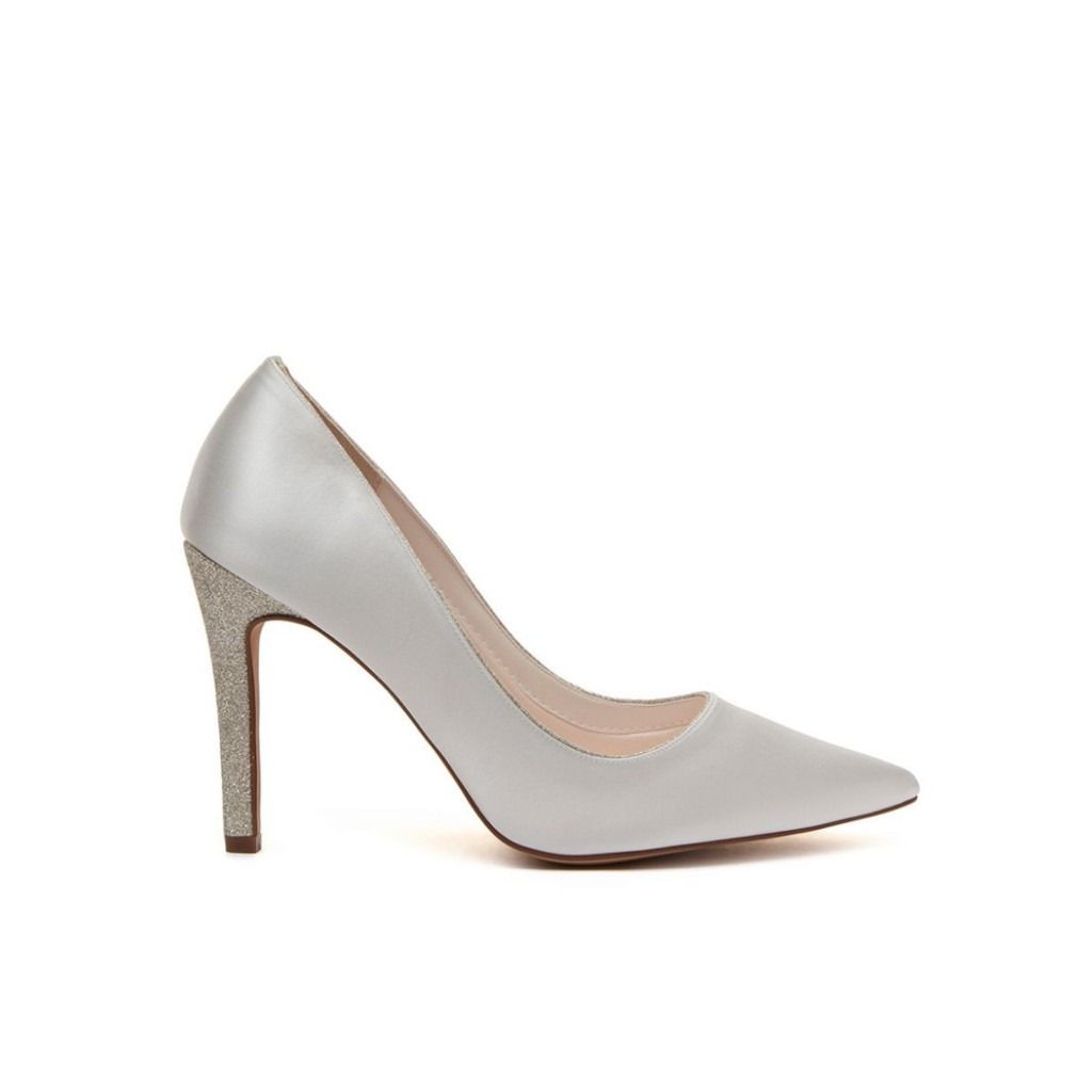 Kiki - Ivory Satin & Silver Fine Shimmer High Heel Shoes - Side