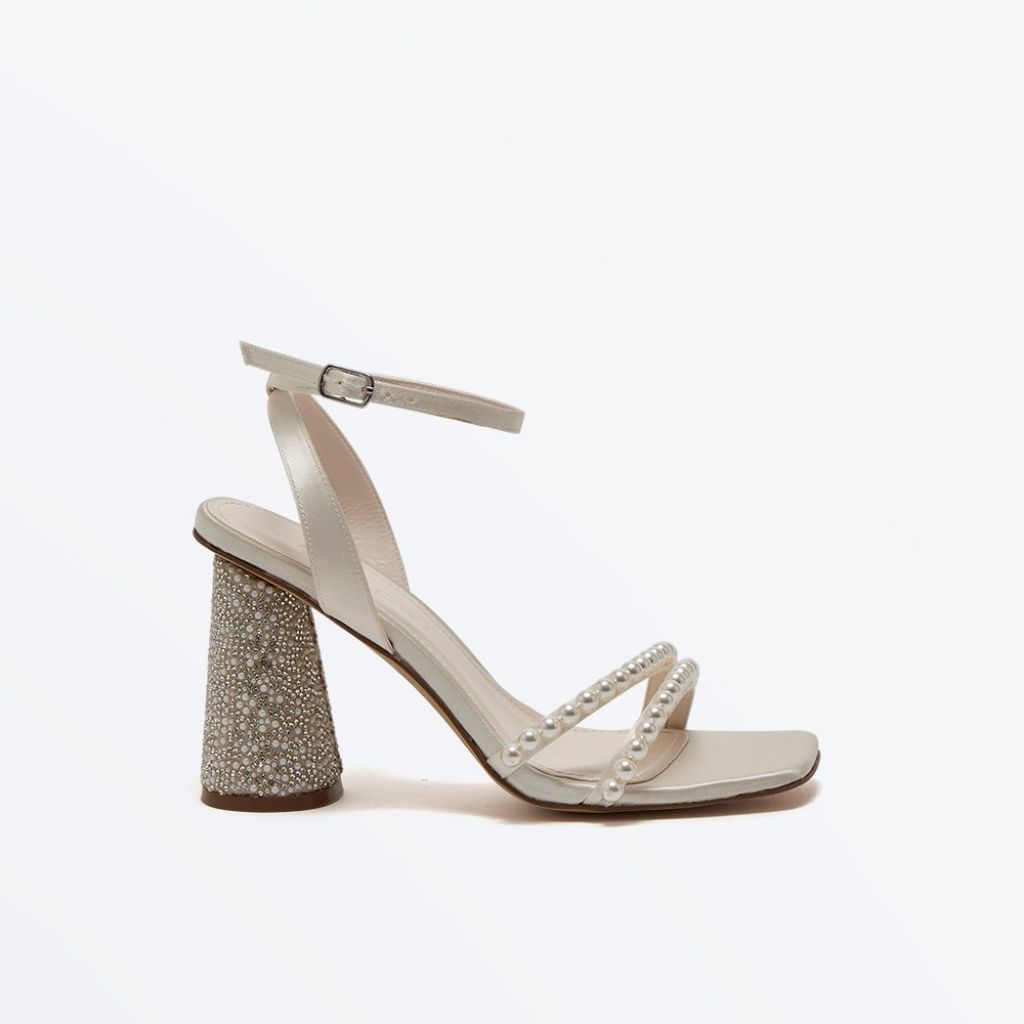 Lola - Ivory Satin Decorated Block Heel Pearl Strap Detail Wedding Sandals - Side View