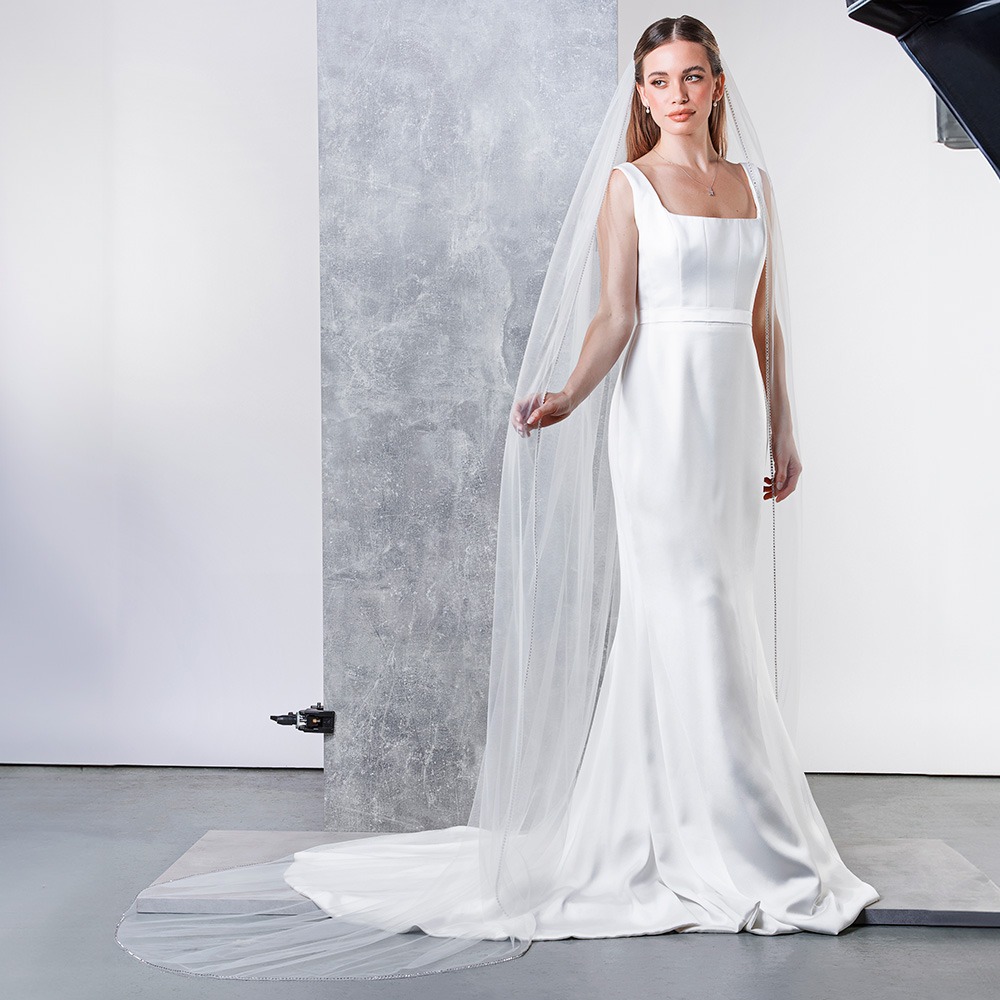 Flame - Diamante Edging Long Bridal Veil - Length