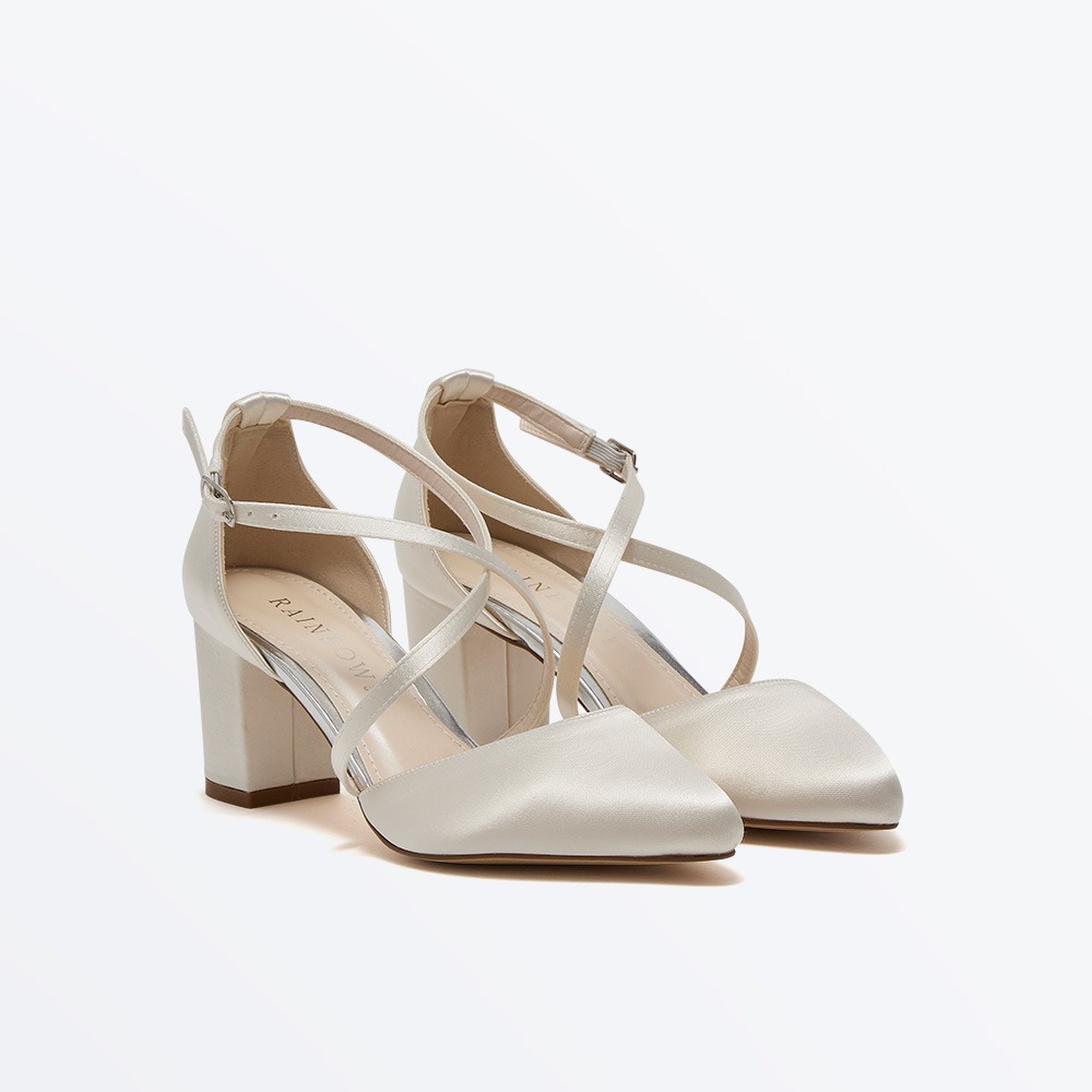 Hellen - Ivory Satin Comfortable Cross Strap Wedding Shoes - Front View