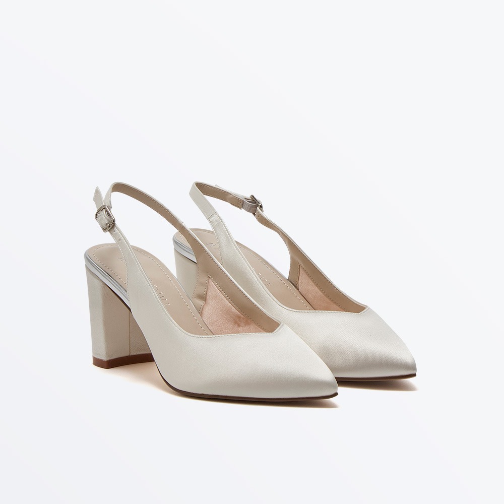 Ivy - Ivory Satin Block Heel Wedding Slingbacks - Front View