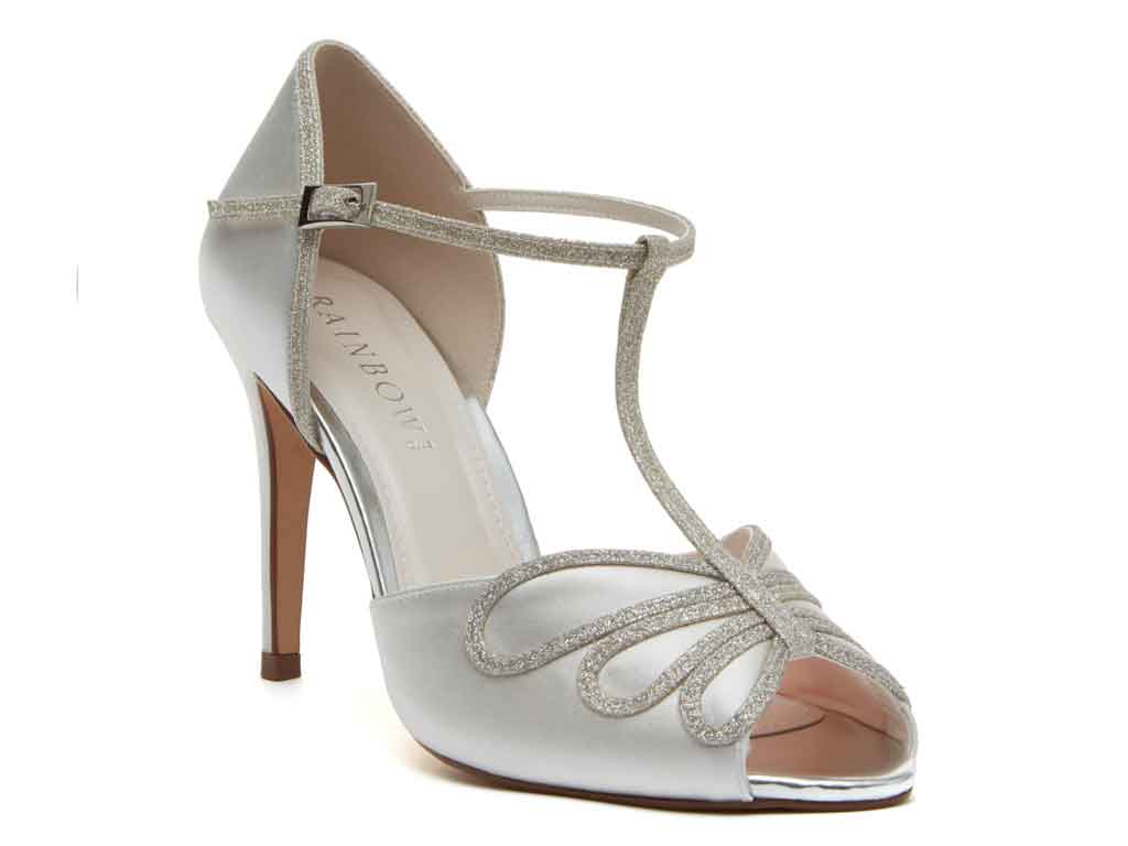 Luciana - Ivory Satin & Silver Fine Shimmer T-Bar Shoes - Single Front