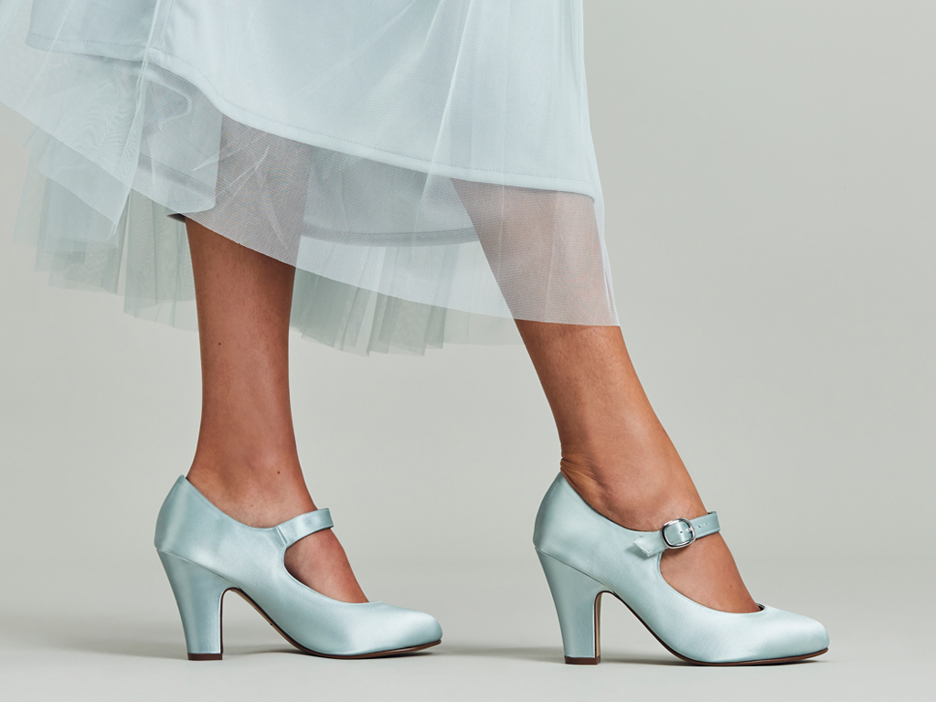 Madeline - Ivory Satin Block Heel Wedding Shoes - Dyed Light Blue