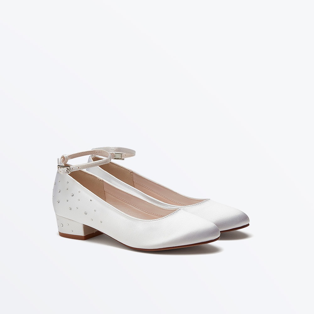 Maple - White Satin Diamante Communion Shoes - Front