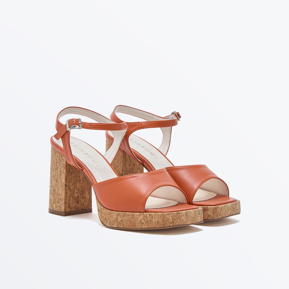 Nora - Sunset Orange Block Heel Cork Platform - Pair Front
